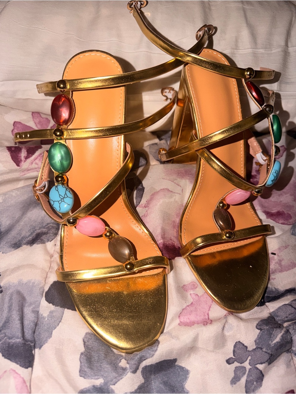 Gold Strappy Gemstone-Embellished Women’s Sandals